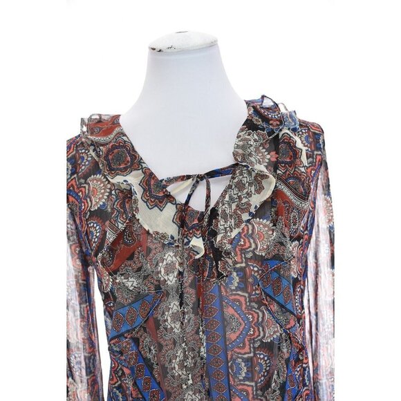 Socialite Sz S Ruffle Front Sheer Colorful Peasant Tunic Top Blouse Womens - Picture 3 of 8